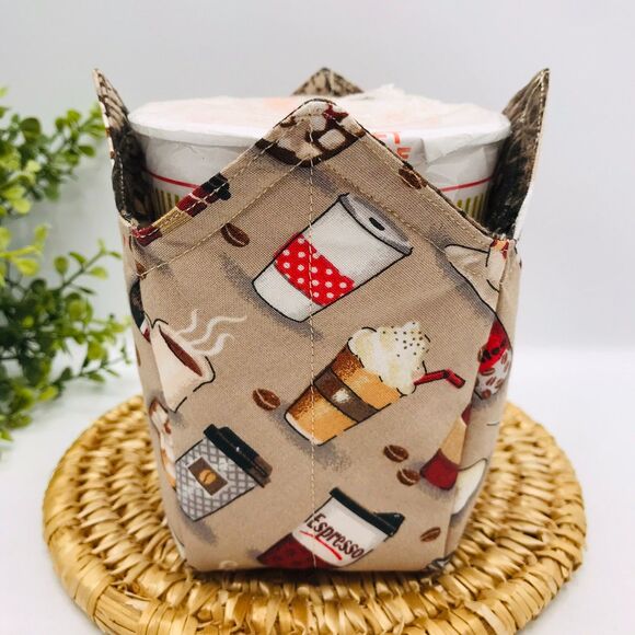 Microwave Cozy, Pint Size, Coffee Floral Print Reversible - Picture 1 of 4